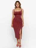 Popilush® Bodycon Party Cocktail Evening Gown Shine Red / XS Shapewear Metallic Knit Bodycon Sculpting Midi Slip Dress