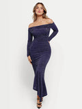 Popilush® Off Shoulder Bodycon Party Cocktail Evenign Gown Winter Shine Shapewear Metallic Knit Long Sleeve Slim Mermaid Maxi Dress