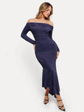 Popilush® Off Shoulder Bodycon Party Cocktail Evenign Gown Winter Shine Shapewear Metallic Knit Long Sleeve Slim Mermaid Maxi Dress