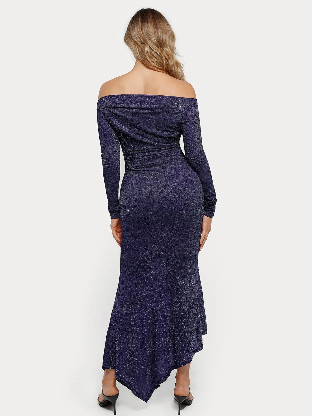 Popilush® Off Shoulder Bodycon Party Cocktail Evenign Gown Winter Shine Shapewear Metallic Knit Long Sleeve Slim Mermaid Maxi Dress