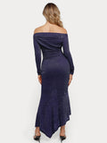 Popilush® Off Shoulder Bodycon Party Cocktail Evenign Gown Winter Shine Shapewear Metallic Knit Long Sleeve Slim Mermaid Maxi Dress