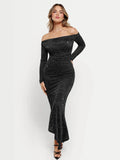 Popilush® Off Shoulder Bodycon Party Cocktail Evenign Gown Winter Shine Shapewear Metallic Knit Long Sleeve Slim Mermaid Maxi Dress