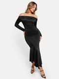 Popilush® Off Shoulder Bodycon Party Cocktail Evenign Gown Winter Shine Shapewear Metallic Knit Long Sleeve Slim Mermaid Maxi Dress