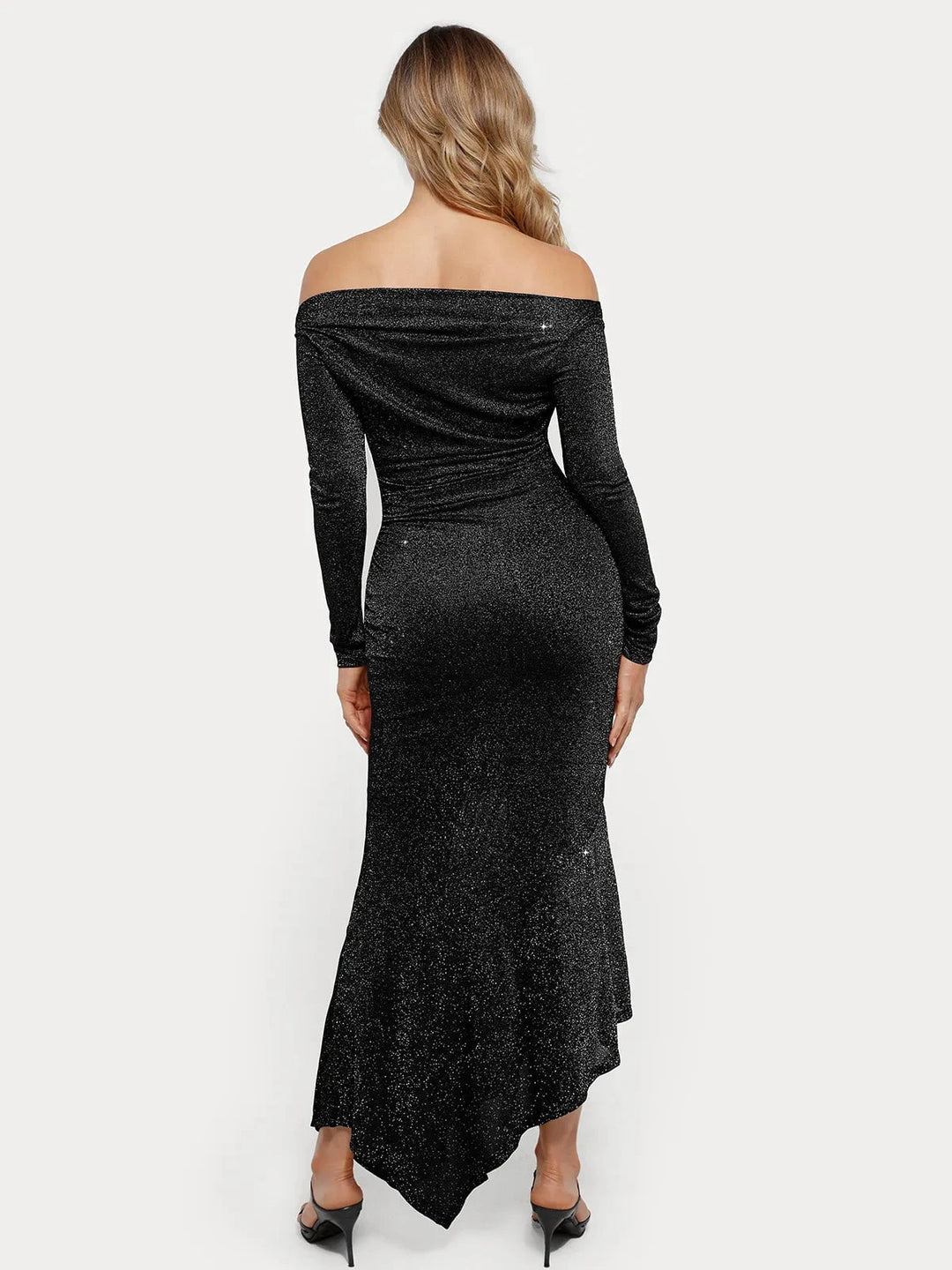 Popilush® Off Shoulder Bodycon Party Cocktail Evenign Gown Winter Shine Shapewear Metallic Knit Long Sleeve Slim Mermaid Maxi Dress