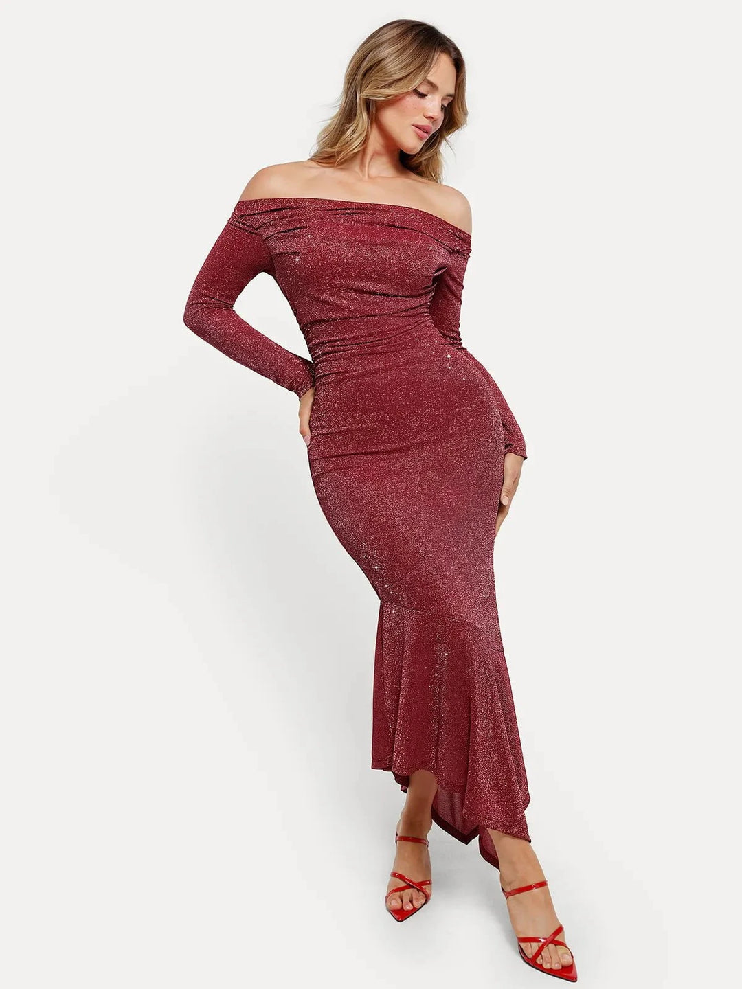 Popilush® Off Shoulder Bodycon Party Cocktail Evenign Gown Winter Shine Shapewear Metallic Knit Long Sleeve Slim Mermaid Maxi Dress