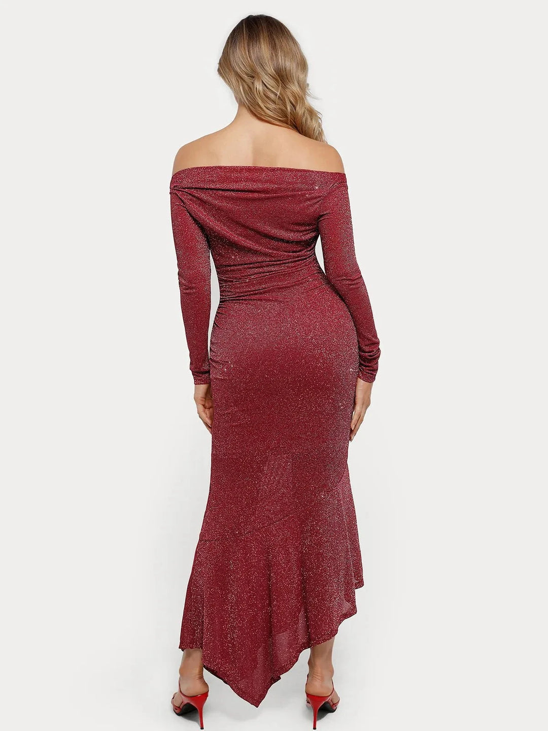 Popilush® Off Shoulder Bodycon Party Cocktail Evenign Gown Winter Shine Shapewear Metallic Knit Long Sleeve Slim Mermaid Maxi Dress