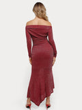 Popilush® Off Shoulder Bodycon Party Cocktail Evenign Gown Winter Shine Shapewear Metallic Knit Long Sleeve Slim Mermaid Maxi Dress