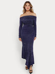 Popilush navy blue metallic knit shapewear mermaid maxi dress, off-shoulder long sleeves.
