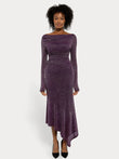 Purple metallic knit long sleeve slim mermaid maxi dress with off-the-shoulder neckline and asymmetrical hem.