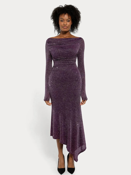 Popilush® Off Shoulder Bodycon Party Cocktail Evenign Gown Winter Shine Purple / S Shapewear Metallic Knit Long Sleeve Slim Mermaid Maxi Dress