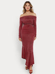 Red metallic knit long sleeve slim mermaid maxi dress with off-shoulder neckline.