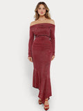 Popilush® Off Shoulder Bodycon Party Cocktail Evenign Gown Winter Shine Red / S Shapewear Metallic Knit Long Sleeve Slim Mermaid Maxi Dress