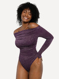 Popilush® Off Shoulder Shine Tops Body Shaper Winter Shapewear Metallic Knit Long Sleeve Slimming Bodysuit