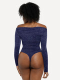 Popilush® Off Shoulder Shine Tops Body Shaper Winter Shapewear Metallic Knit Long Sleeve Slimming Bodysuit