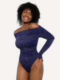 Popilush® Off Shoulder Shine Tops Body Shaper Winter Shapewear Metallic Knit Long Sleeve Slimming Bodysuit