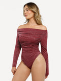 Popilush® Off Shoulder Shine Tops Body Shaper Winter Shapewear Metallic Knit Long Sleeve Slimming Bodysuit