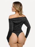Popilush® Off Shoulder Shine Tops Body Shaper Winter Shapewear Metallic Knit Long Sleeve Slimming Bodysuit
