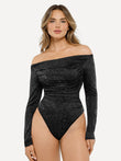 Popilush® Off Shoulder Shine Tops Body Shaper Winter Black / XS Shapewear Metallic Knit Long Sleeve Slimming Bodysuit