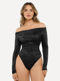 Popilush® Off Shoulder Shine Tops Body Shaper Winter Black / XS Shapewear Metallic Knit Long Sleeve Slimming Bodysuit