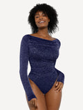 Popilush® Off Shoulder Shine Tops Body Shaper Winter Blue / XS Shapewear Metallic Knit Long Sleeve Slimming Bodysuit