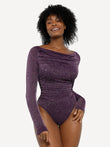 Purple metallic knit long sleeve slimming bodysuit with draped neckline.