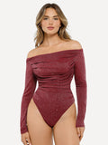 Popilush® Off Shoulder Shine Tops Body Shaper Winter Red / XS Shapewear Metallic Knit Long Sleeve Slimming Bodysuit