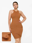 Brown metallic sculpting dress with jewel neckline and ruched sides, showcasing shimmer effect.