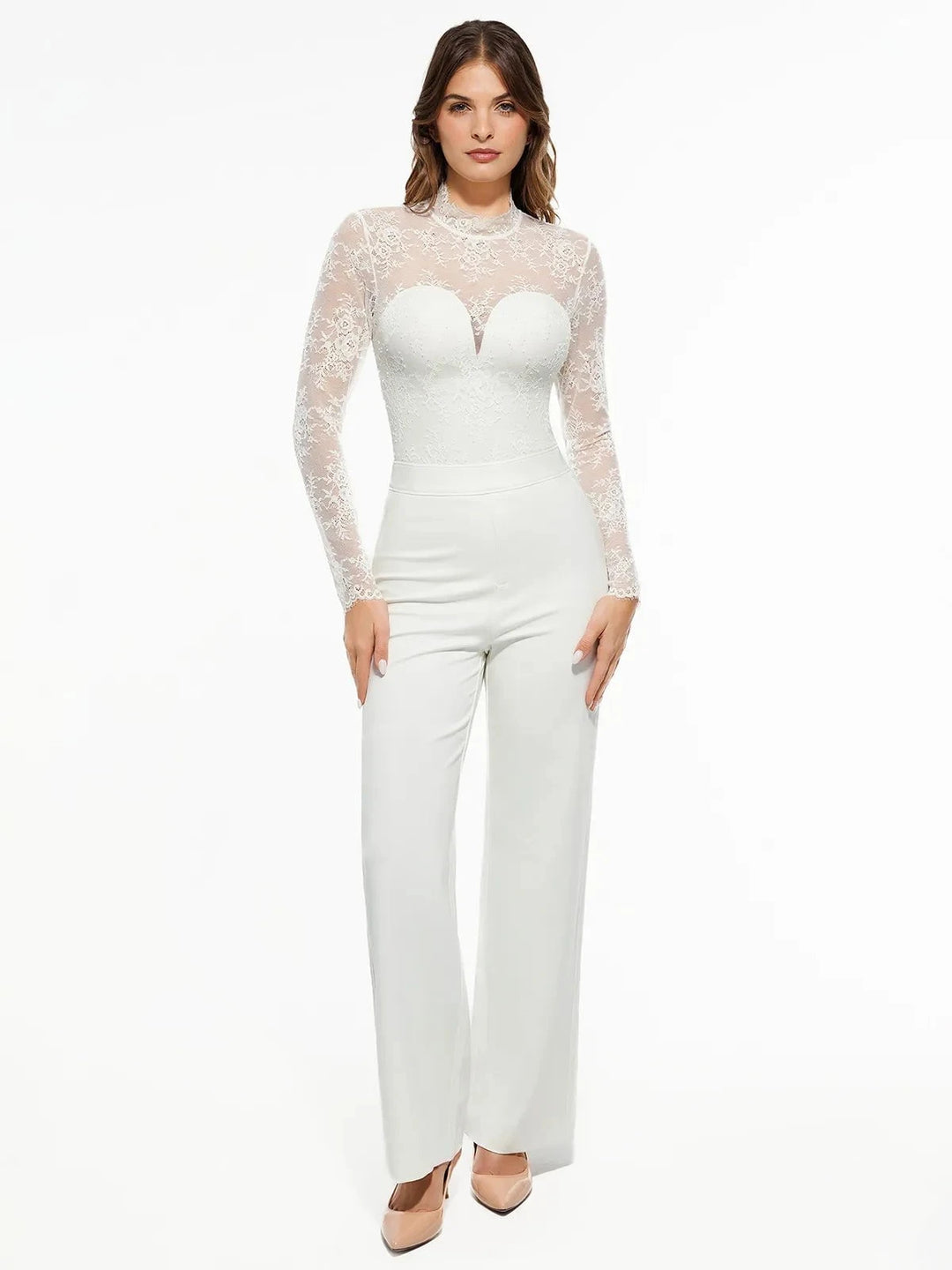 Popilush® Shapewear Mock Neck Long Sleeve Floral Lace Bodysuit