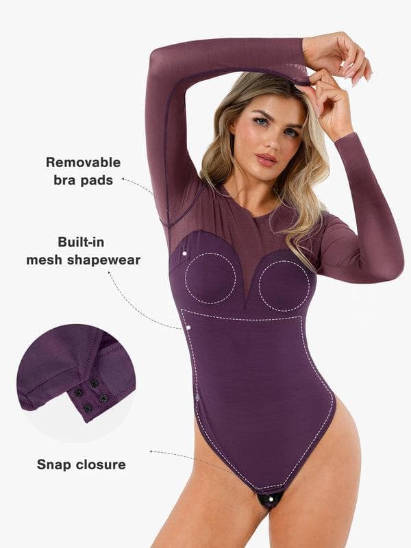 Mock Neck Lace Bodysuit | Long Sleeve Shapewear – Popilush