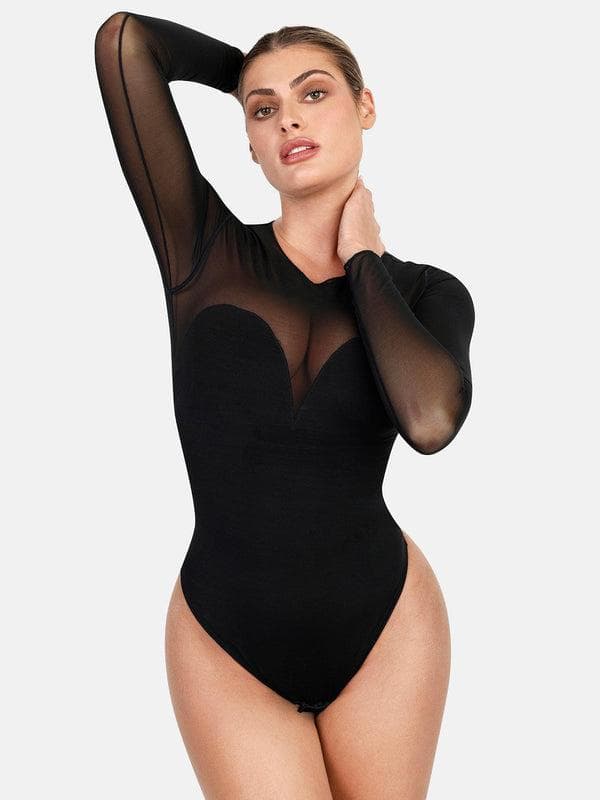 Popilush® Shapewear Mock Neck Long Sleeve Floral Lace Bodysuit