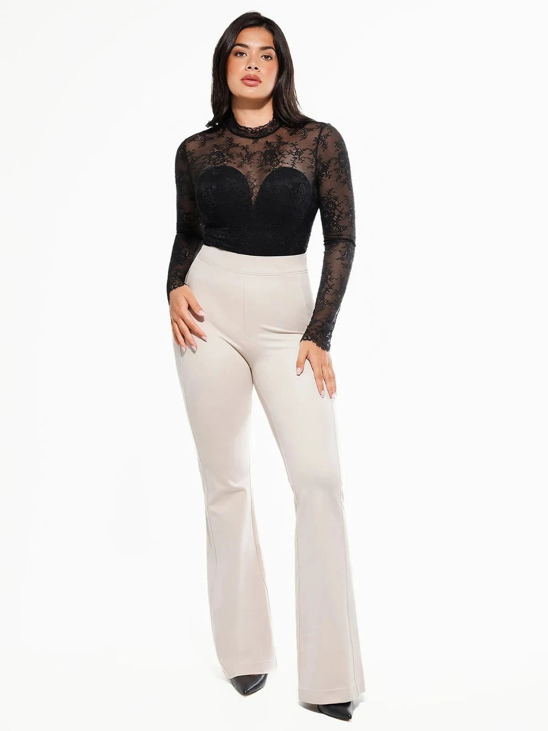 Popilush® Shapewear Mock Neck Long Sleeve Floral Lace Bodysuit