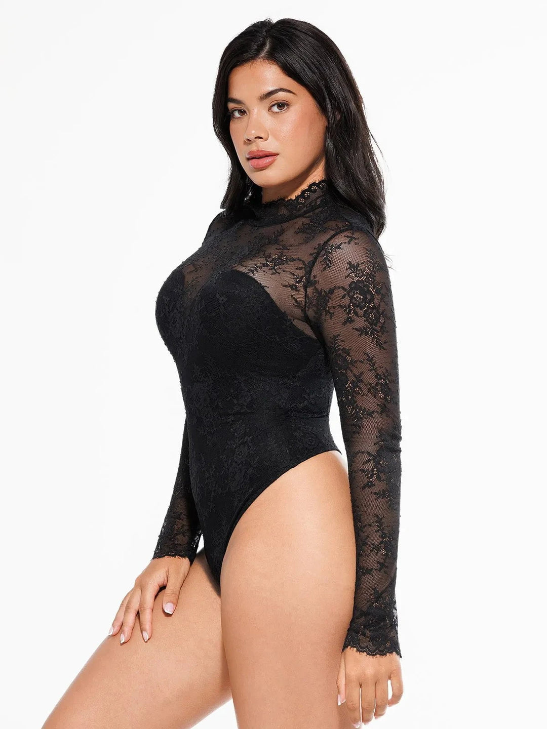 Popilush® Shapewear Mock Neck Long Sleeve Floral Lace Bodysuit