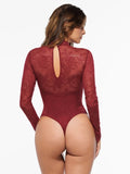 Popilush® Shapewear Mock Neck Long Sleeve Floral Lace Bodysuit