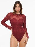 Popilush® Shapewear Mock Neck Long Sleeve Floral Lace Bodysuit