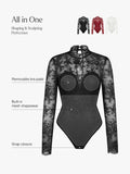 Popilush® Shapewear Mock Neck Long Sleeve Floral Lace Bodysuit