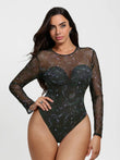 Popilush® Black Paisley / XS Shapewear Mock Neck Long Sleeve Floral Lace Bodysuit