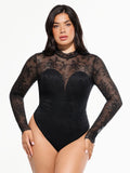 Popilush® Black / XS Shapewear Mock Neck Long Sleeve Floral Lace Bodysuit