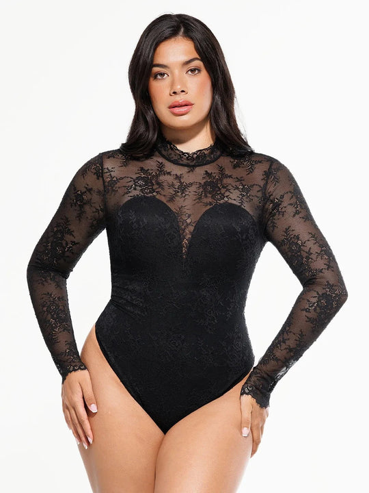 Popilush® Black / XS Shapewear Mock Neck Long Sleeve Floral Lace Bodysuit