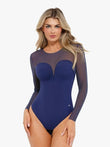 Blue long sleeve mesh neckline bodysuit with deep V-cut