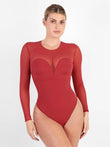 Popilush® Bright Red / S Shapewear Mock Neck Long Sleeve Floral Lace Bodysuit