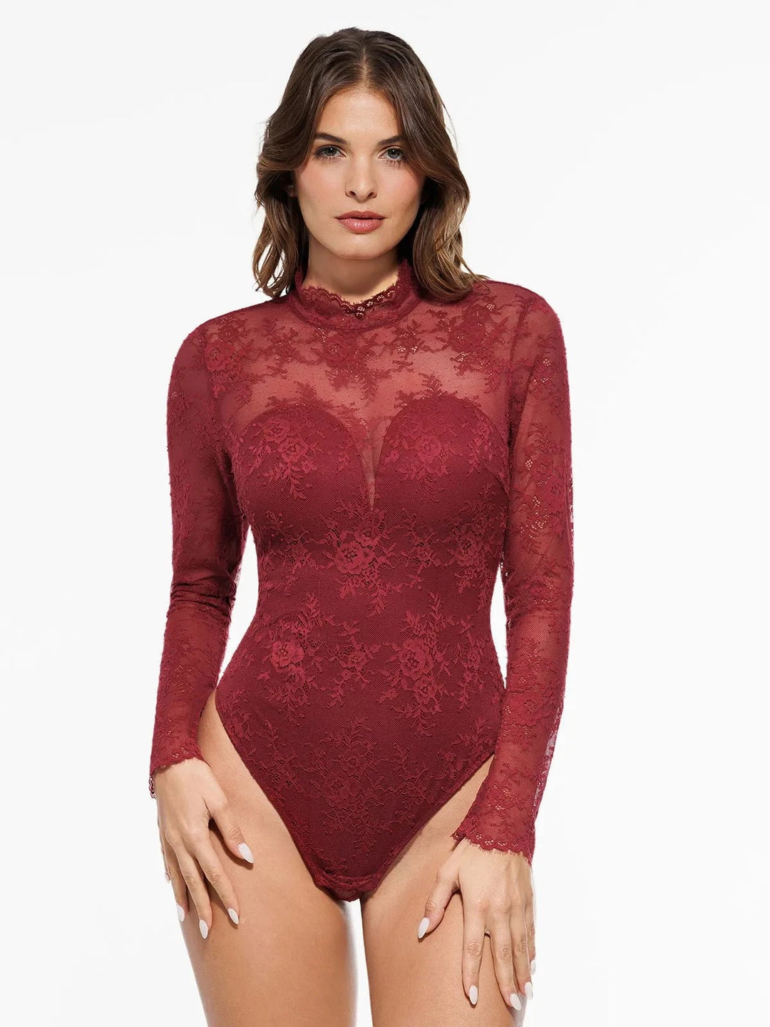 Popilush® Red / XS Shapewear Mock Neck Long Sleeve Floral Lace Bodysuit