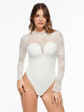 Popilush® White / XS Shapewear Mock Neck Long Sleeve Floral Lace Bodysuit