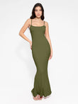 Green ribbed modal maxi slip dress with spaghetti straps, designed for slimming and comfort.