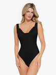 Black Popilush® shapewear bodysuit with lace trim, designed for tummy control and shaping.