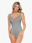 Ribbed grey modal cami bodysuit with lace trim, tummy control and shaping features.