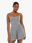 Grey modal tummy control wide-leg romper with square neckline and corset-inspired waist.