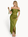 Popilush® Bodycon Party Cocktail Evening Gown Shapewear Off Shoulder Shine Ruched Sculpting Maxi Dress