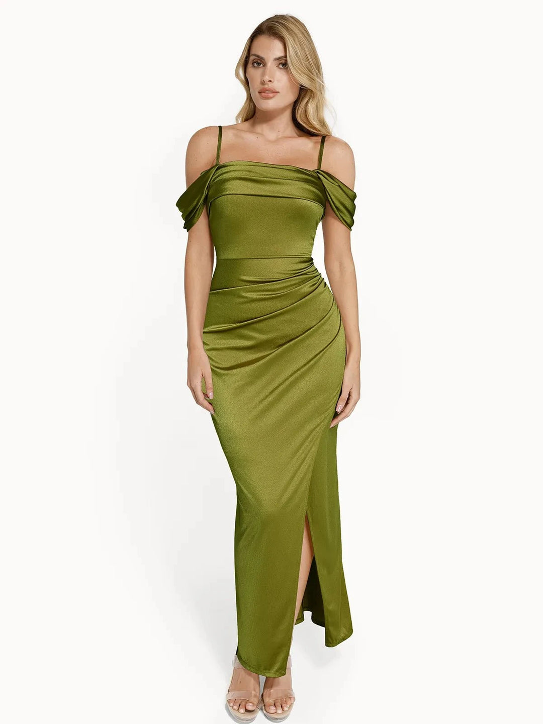 Popilush® Bodycon Party Cocktail Evening Gown Shapewear Off Shoulder Shine Ruched Sculpting Maxi Dress