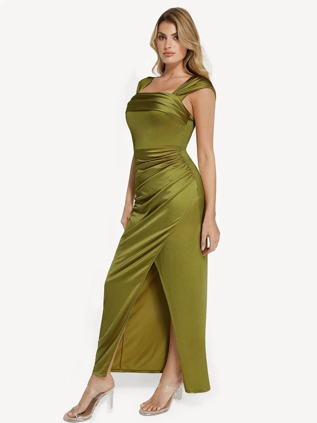 Popilush® Bodycon Party Cocktail Evening Gown Shapewear Off Shoulder Shine Ruched Sculpting Maxi Dress