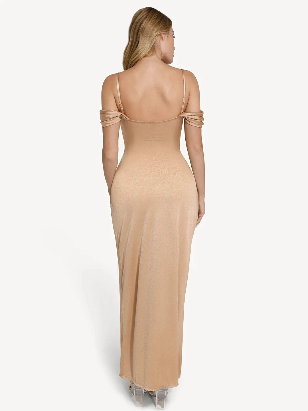 shapewear off shoulder shine ruched sculpting maxi dress Shapewear Off-Shoulder Ruched Maxi | Sculpting Shine
